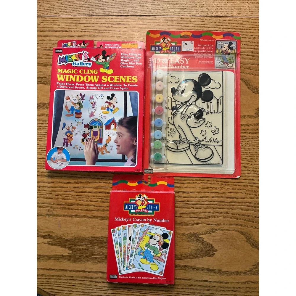 Vintage Disney Mickey Mouse Craft Kit Lot Paint by Number Window Cling Crayon
